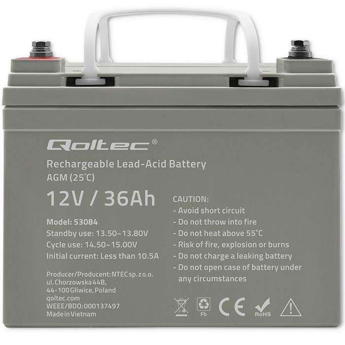 Qoltec  Akumulator AGM | 12V | 36Ah | Bezobsługowy | Wydajny | LongLife | do UPS, skutera