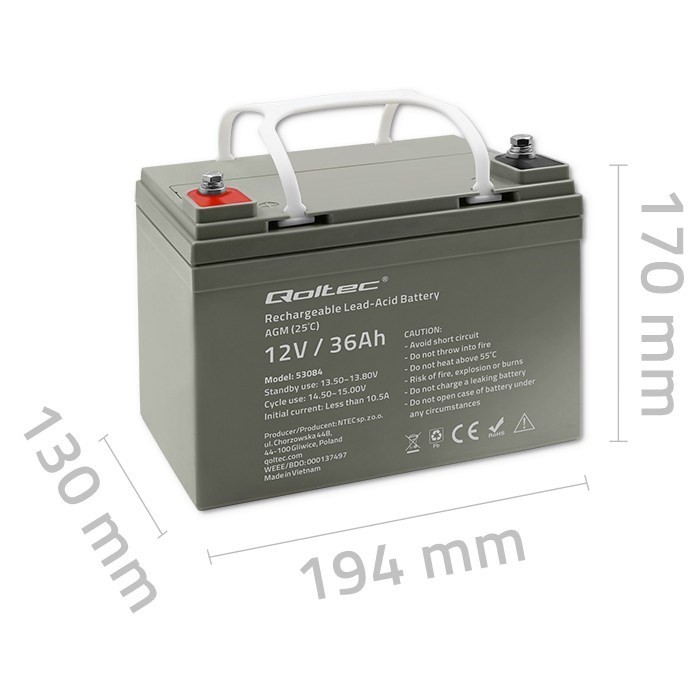 Qoltec  Akumulator AGM | 12V | 36Ah | Bezobsługowy | Wydajny | LongLife | do UPS, skutera