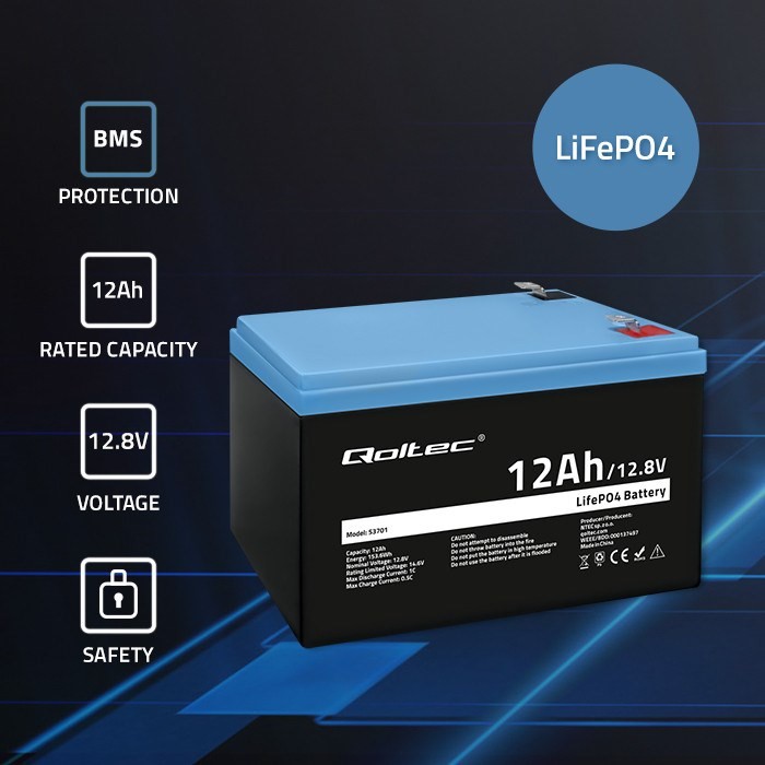 Qoltec Akumulator LiFePO4 Litowo-Żelazowo-Fosforanowy 12.8V 12Ah 153.6Wh BMS