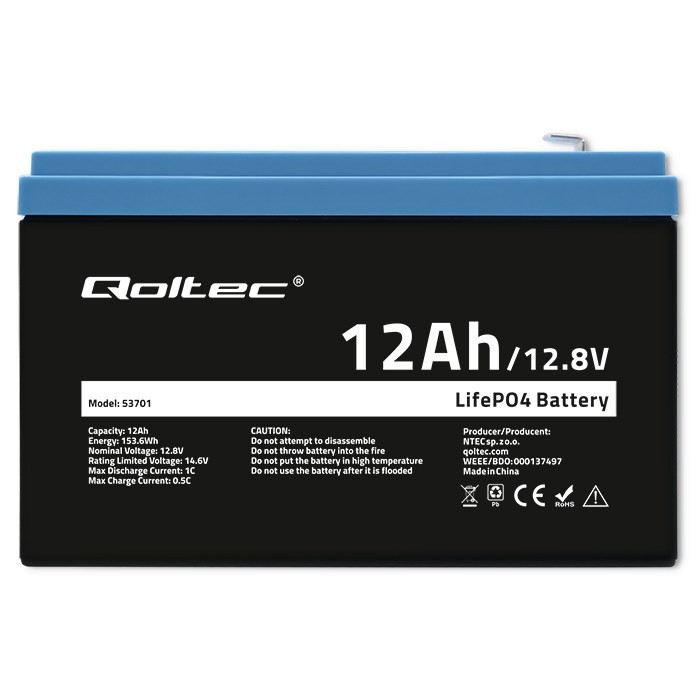 Qoltec Akumulator LiFePO4 Litowo-Żelazowo-Fosforanowy 12.8V 12Ah 153.6Wh BMS
