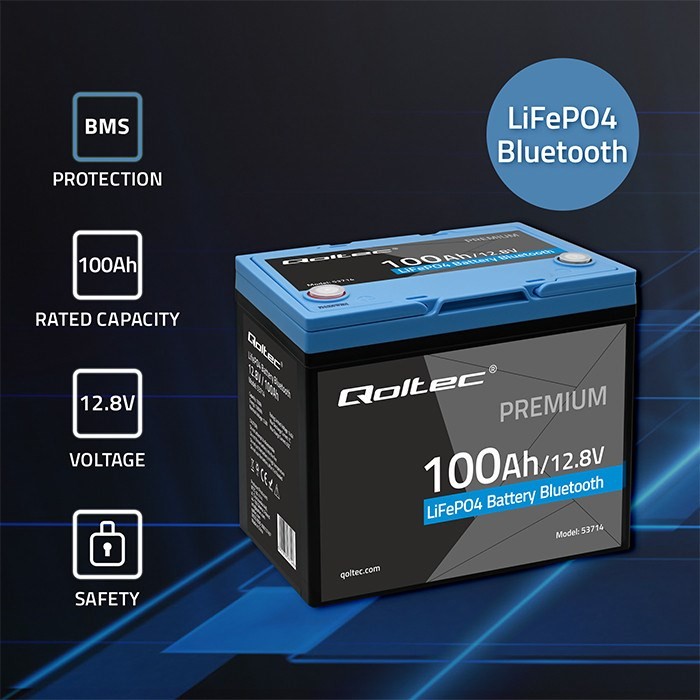 Akumulator Qoltec LiFePO4 53714 Litowo-Żelazowo-Fosforanowy | 12.8V | 100Ah | 1280Wh | Bluetooth | BMS