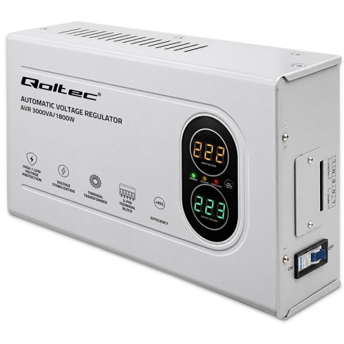 Qoltec Automatyczny Stabilizator napięcia AVR 3000VA | 1800W | Compact | Toroidalny transformator