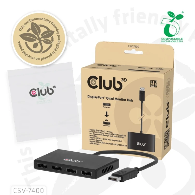 Hub USB Club Hub 3D MST (Multi Stream Transport) DisplayPort 1.4 na 4x DisplayPort, Cztery monitory, 4x 4K30Hz, 8K30Hz
