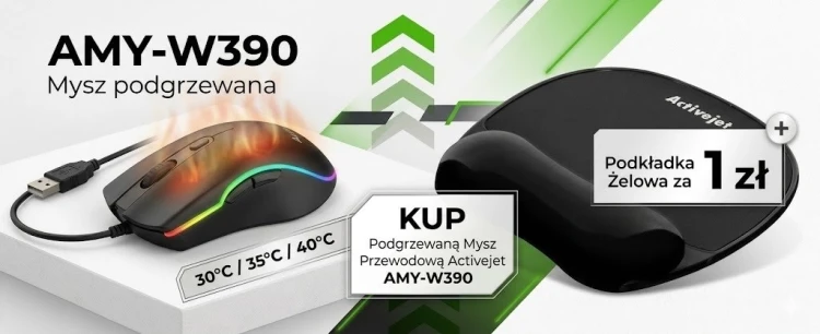 Activejet mysz Podgrzewana AMY-W390 + Activejet podkładka pod mysz czarna żelowa za 1 zł