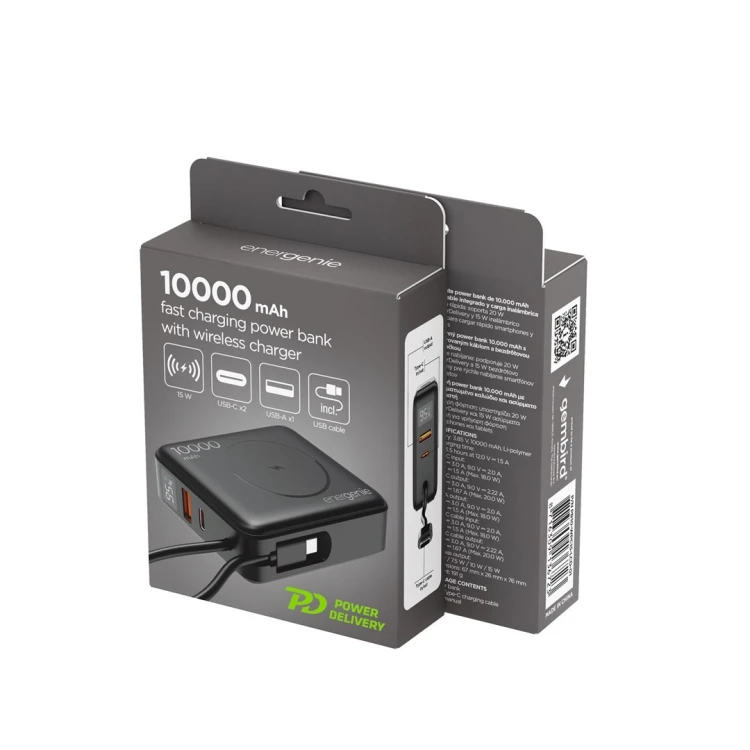 GEMBIRD POWERBANK 10000 MAH, SZYBKIE ŁADOWANIE 20 W, ŁADOWANIE BEZPRZEWODOWE CZARNY