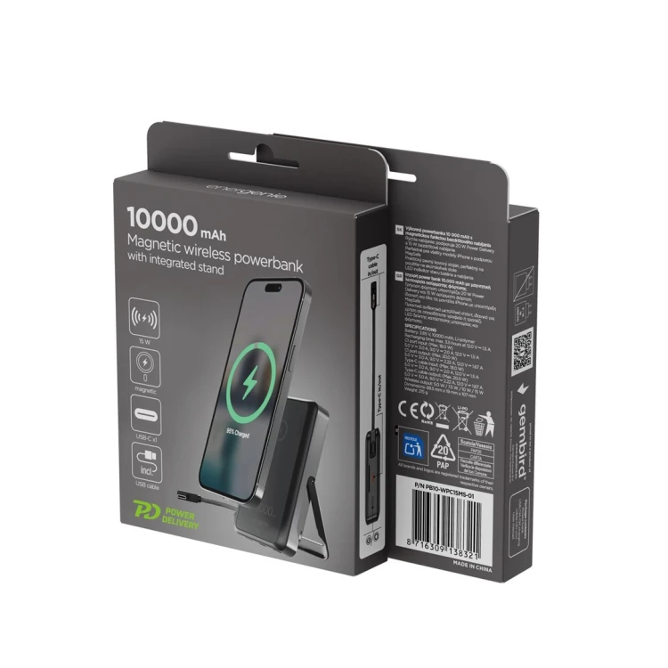 GEMBIRD BEZPRZEWODOWY POWERBANK MAGNETYCZNY 15 W ZE ZINTEGROWANĄ PODSTAWKĄ 10000 MAH, CZARNY