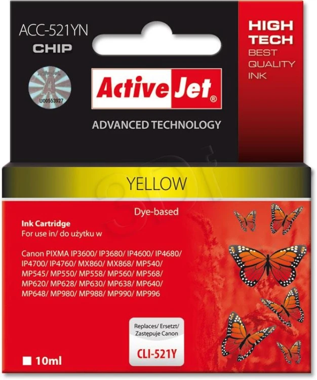 Activejet ACC-521YN Tusz  (zamiennik Canon CLI-521Y; Supreme; 10 ml; żółty)