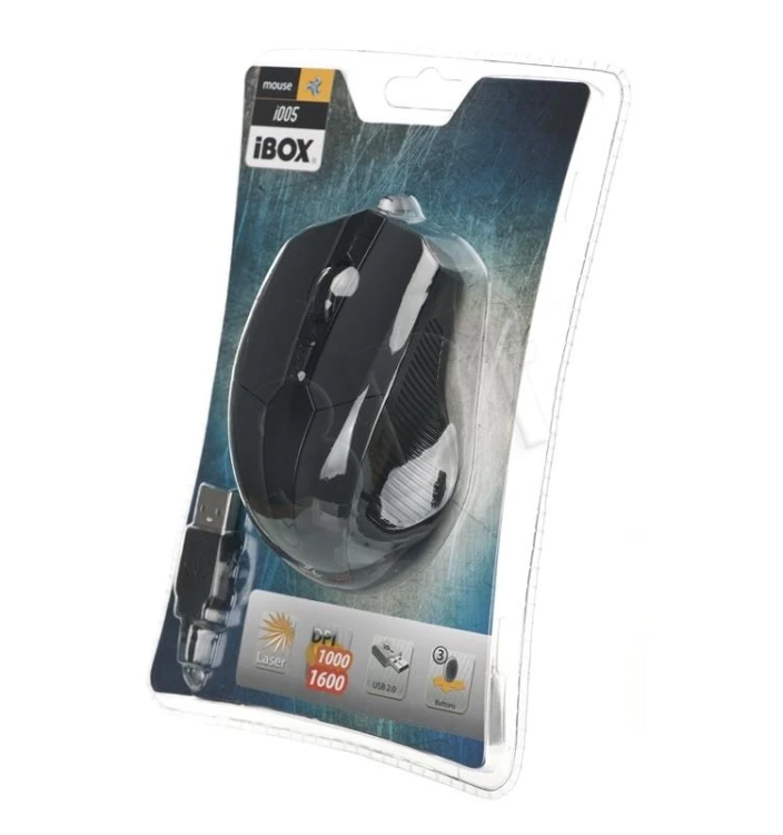 Mysz IBOX i005 LASEROWA PRZEWODOWA, USB IMLAF005 (laserowa; 1600 DPI; kolor czarny)