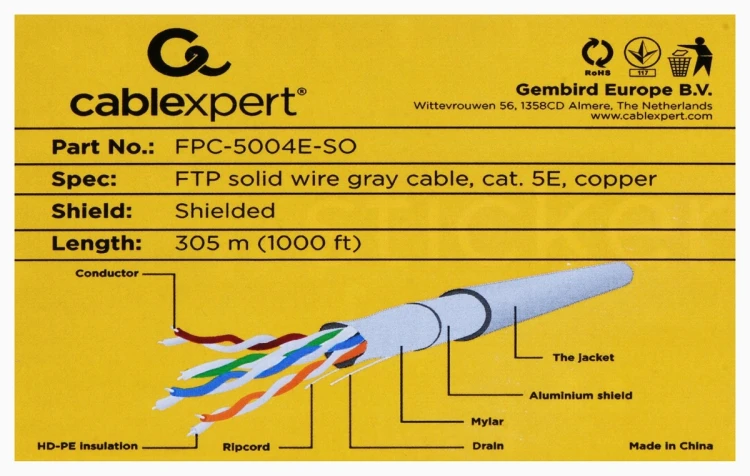 Kabel sieciowy GEMBIRD FPC-5004E-SO (F/FTP; 305m; kat. 5e; kolor szary)