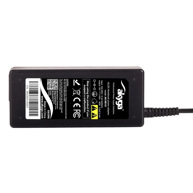 Zasilacz sieciowy Akyga AK-ND-01 do notebooka Acer, Asus, BenQ, DELL, Fujitsu-Siemens, HP, IBM, Lenovo, Toshiba (19 V; 3,42 A; 65W; 5.5 mm x 2.5 mm)