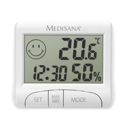 Higrometr Medisana HG 100 do pomiaru wilgotności wskaźnik komfortu | zegar | funkcja alarmu | 82 x 70 x 20 mm