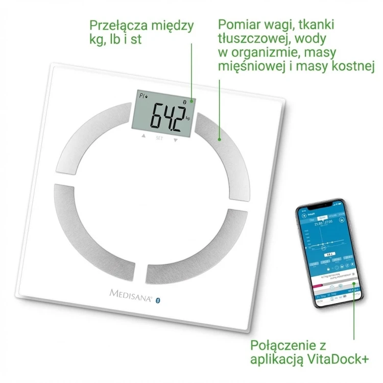 Waga analityczna Connect Medisana BS 444 do 8 użytkowników | Bluetooth | biały