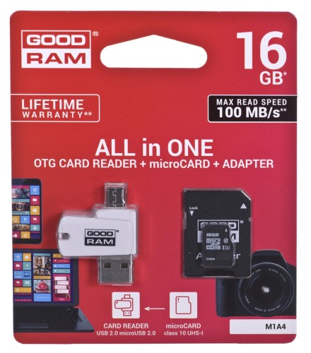 Karta pamięci z adapterem i czytnikiem kart GoodRam All in one M1A4-0160R12 (16GB; Class 10; Adapter, Czytnik kart MicroSDHC, Karta pamięci)
