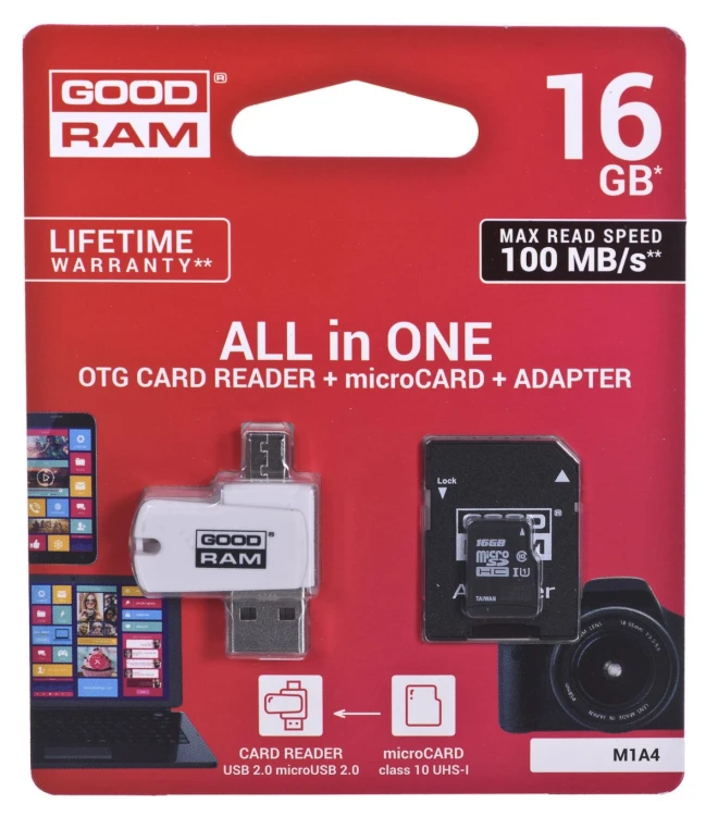 Karta pamięci z adapterem i czytnikiem kart GoodRam All in one M1A4-0160R12 (16GB; Class 10; Adapter, Czytnik kart MicroSDHC, Karta pamięci)