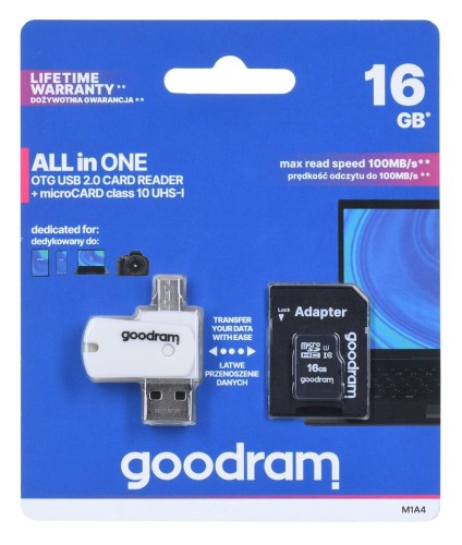 Karta pamięci z adapterem i czytnikiem kart GoodRam All in one M1A4-0160R12 (16GB; Class 10; Adapter, Czytnik kart MicroSDHC, Karta pamięci)