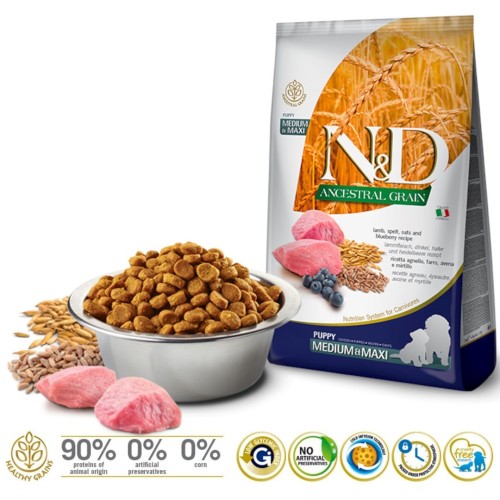 FARMINA N&D Ancestral Grain Lamb & Blueberry Puppy Medium & Maxi - sucha karma dla szczeniąt - 12kg