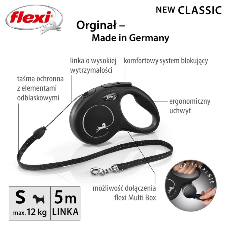 Smycz flexi automatyczna New Classic S linka 5 m - dla psa do 12 kg, kolor czarny