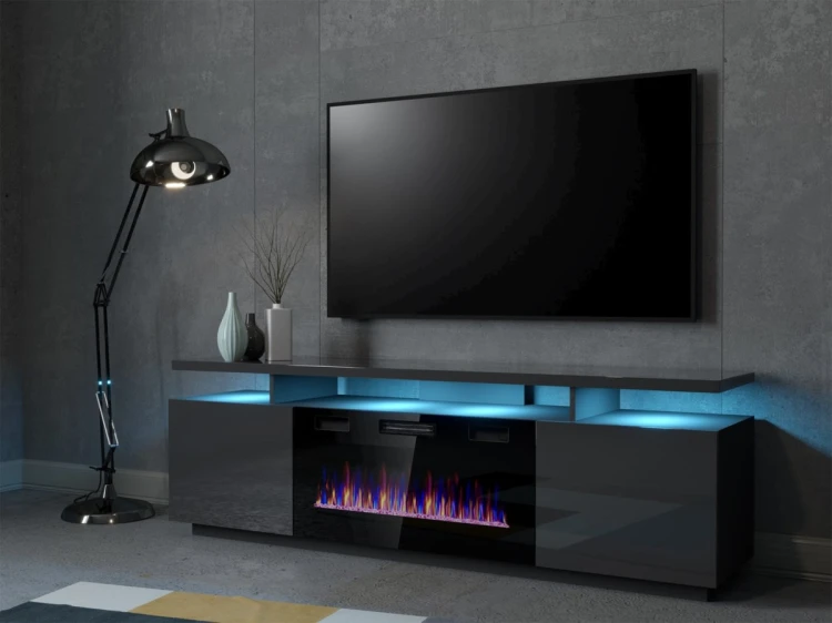 Szafka RTV EVA z kominkiem elektrycznym 180x40x52 grafit/grafit połysk
