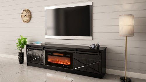 Szafka RTV GRANERO+kominek 200x56,7x35 czarny/czarny poł