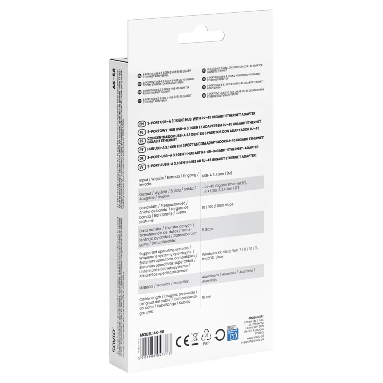 SAVIO AK-58 3-PORTOWY HUB USB-A Z ADAPTEREM RJ-45