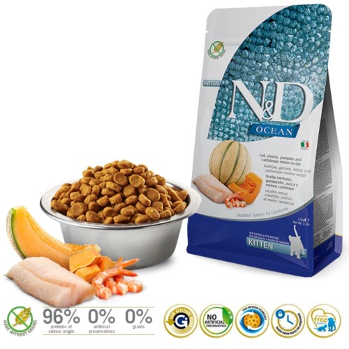 FARMINA N&D Ocean Cat Cod, Shrimp&Pumpkin - sucha karma dla kociąt - 1,5 kg