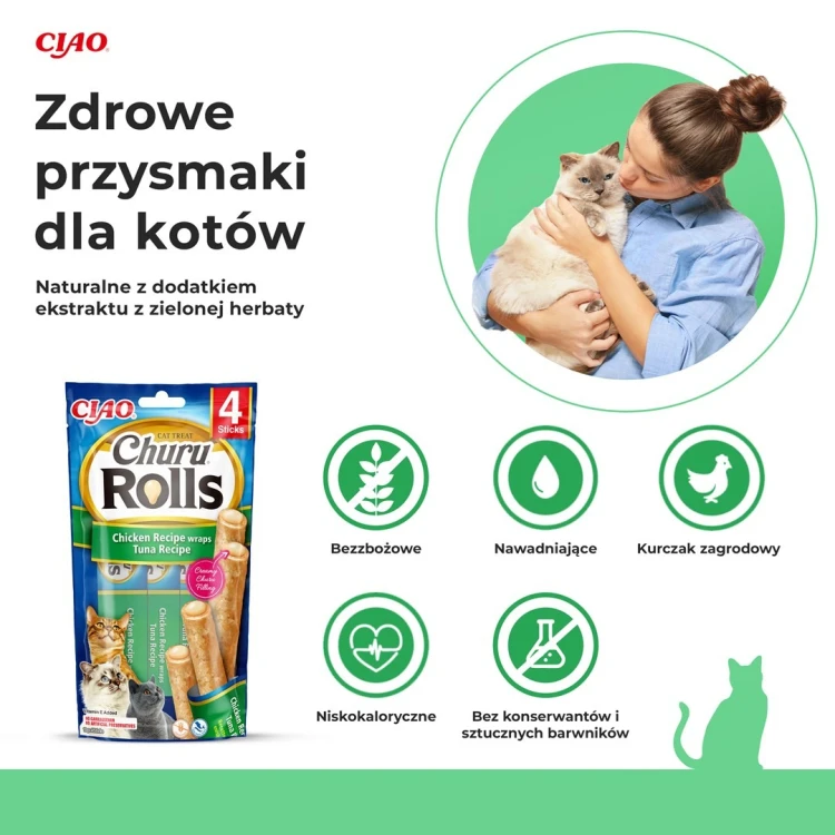 INABA Churu Rolls Tuńczyk z kurczakiem  - przysmak dla kota - 4x10 g