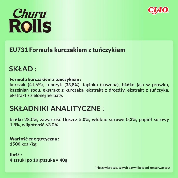INABA Churu Rolls Tuńczyk z kurczakiem  - przysmak dla kota - 4x10 g