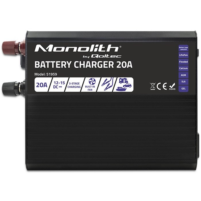 Qoltec Inteligentna ładowarka Monolith do akumulatorów LiFePO4 AGM GEL SLA, 20A, 12V