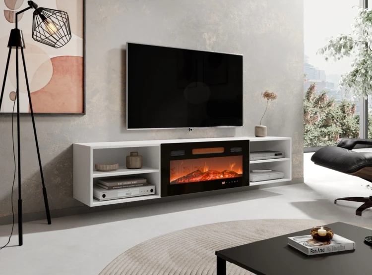Szafka RTV POLO 180x33x39 biały + kominek czarny