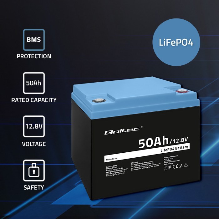 QOLTEC AKUMULATOR LIFEPO4 LITOWO-ŻELAZOWO-FOSFORANOWY | 12.8V | 50AH | 640WH | BMS