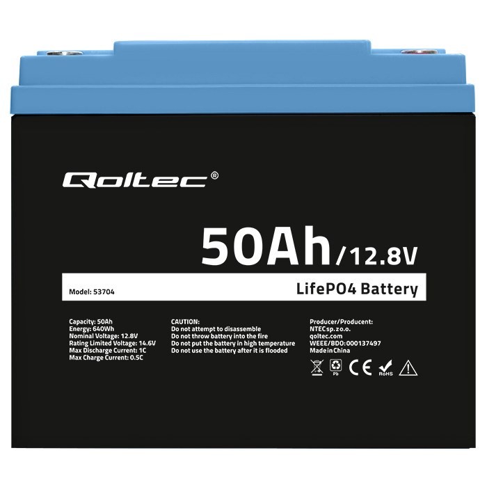 QOLTEC AKUMULATOR LIFEPO4 LITOWO-ŻELAZOWO-FOSFORANOWY | 12.8V | 50AH | 640WH | BMS