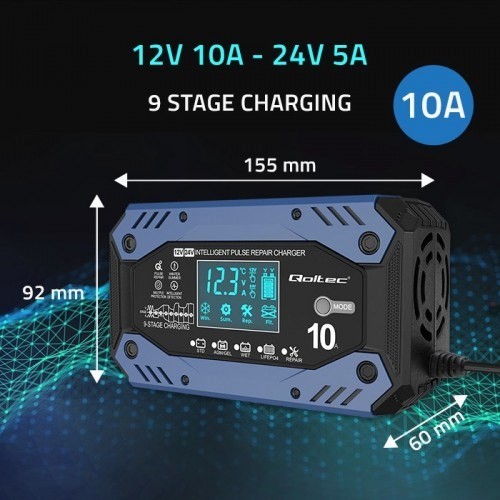 QOLTEC ŁADOWARKA DO AKUMULATORA STD AGM GEL LIFEPO4 | PROSTOWNIK Z FUNKCJĄ NAPRAWY | 12-24V | 10A | LCD|9-STOPNIOWE ŁADOWANIE