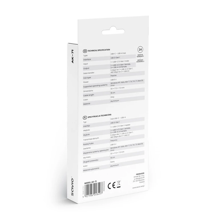 SAVIO HUB USB-C - 3 X USB-A 2.0, 1 X USB-A 3.0, SZARY, AK-71