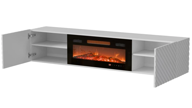 Szafka RTV LARA 183x35x37 biały mat + czarny kominek