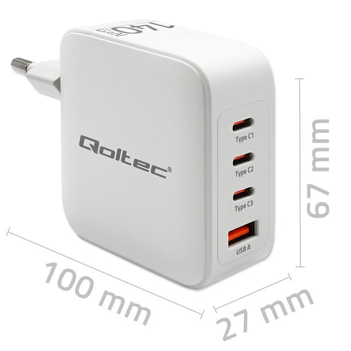 Qoltec Ładowarka sieciowa 140W GaN  | 5-20V | 2.5-5A | 3 x USB-C PD | 1 x USB QC 3.0 | Biała