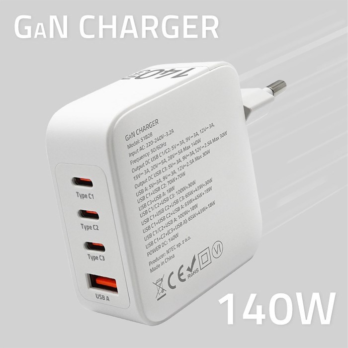 Qoltec Ładowarka sieciowa 140W GaN  | 5-20V | 2.5-5A | 3 x USB-C PD | 1 x USB QC 3.0 | Biała