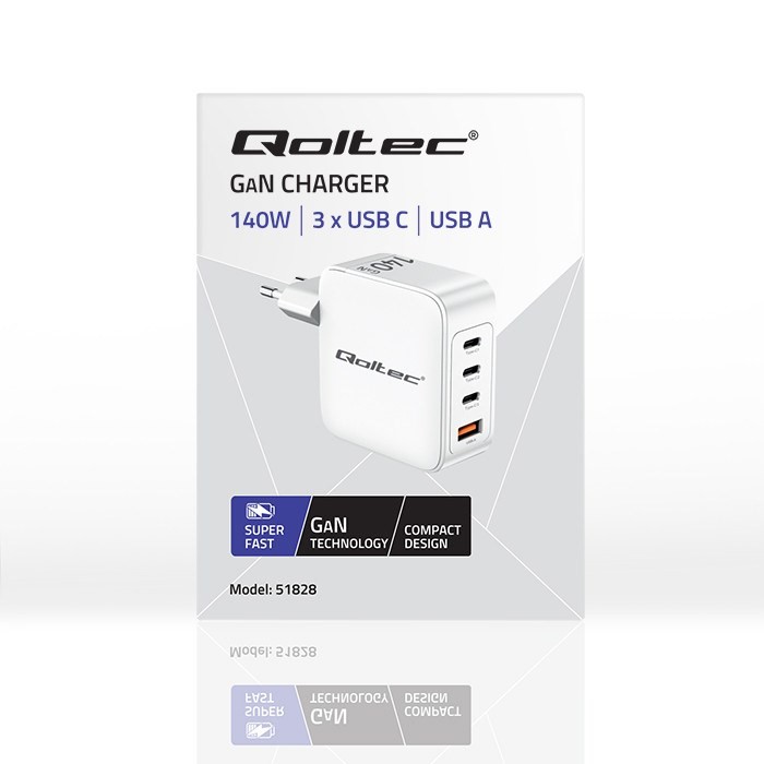Qoltec Ładowarka sieciowa 140W GaN  | 5-20V | 2.5-5A | 3 x USB-C PD | 1 x USB QC 3.0 | Biała