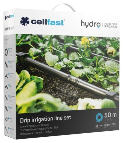 Linia kroplująca Cellfast HYDRO 19-060 (zestaw: Wąż kroplujący - 50 m Reduktor ciśnienia – 1szt. Dwójnik - 4 szt. Kolano - 4 szt. Trójnik - 4 szt. Kor