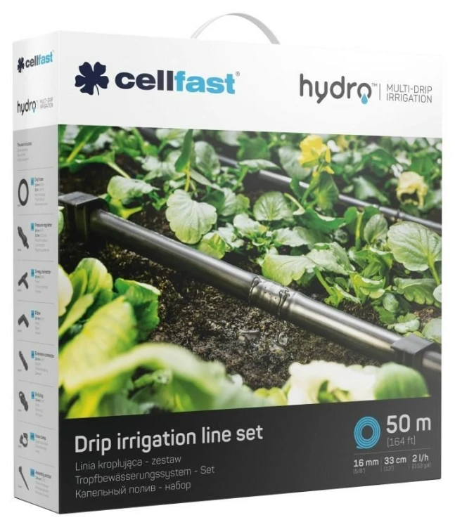 Linia kroplująca Cellfast HYDRO 19-060 (zestaw: Wąż kroplujący - 50 m Reduktor ciśnienia – 1szt. Dwójnik - 4 szt. Kolano - 4 szt. Trójnik - 4 szt. Kor