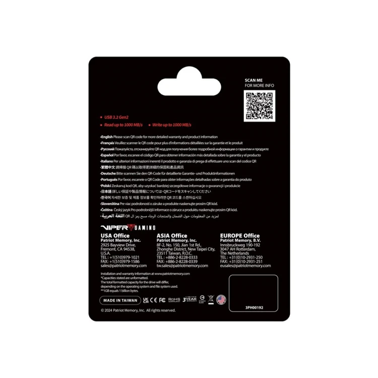 Dysk SSD Patriot PVP30 512GB 1000MB/s USB Duo A+C 3.2 Gen2 Alu