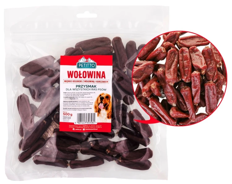 PETITTO Miękkie kiełbaski z wołowiną - przysmak dla psa - 500g