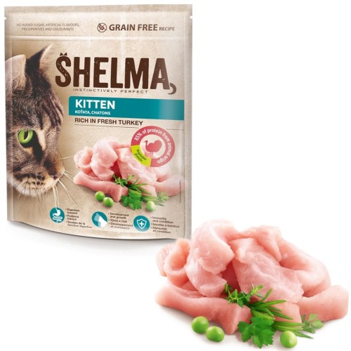 SHELMA junior karma sucha - pełnoporcjowa bezzbożowa karma dla kotków. Bogata w indyka 750 g