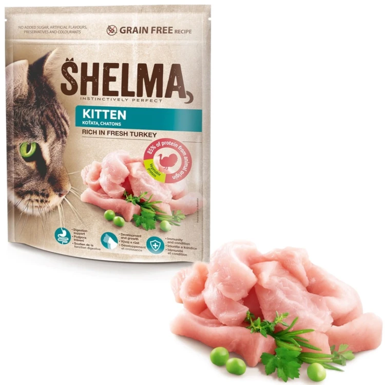 SHELMA junior karma sucha - pełnoporcjowa bezzbożowa karma dla kotków. Bogata w indyka 750 g