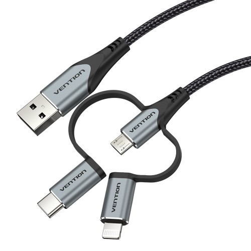 Kabel Vention USB-A  3w1 Micro-B USB-C Lightning 1m szary