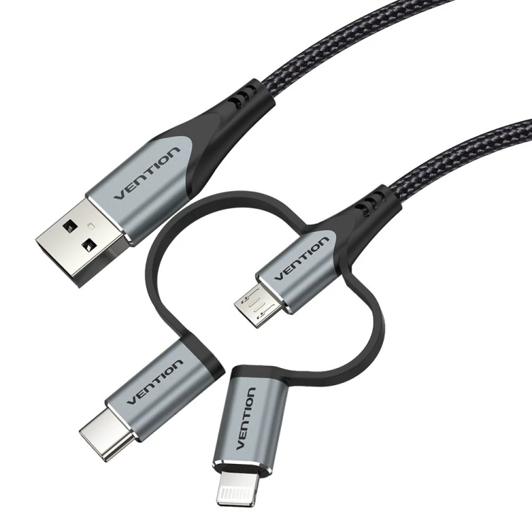 Kabel Vention USB-A  3w1 Micro-B USB-C Lightning 1m szary