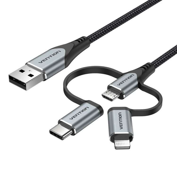 Kabel Vention USB-A  3w1 Micro-B USB-C Lightning 1m szary