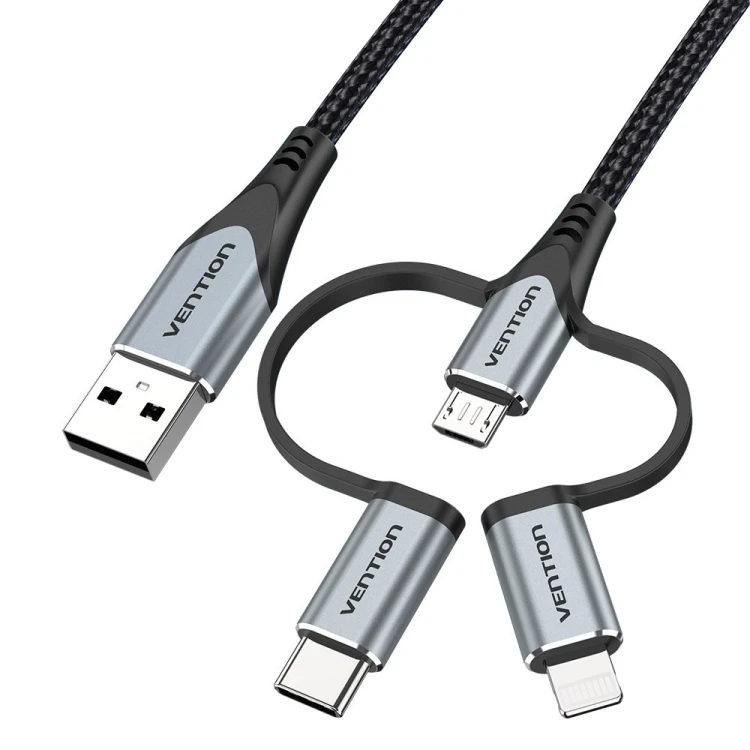 Kabel Vention USB-A  3w1 Micro-B USB-C Lightning 1m szary