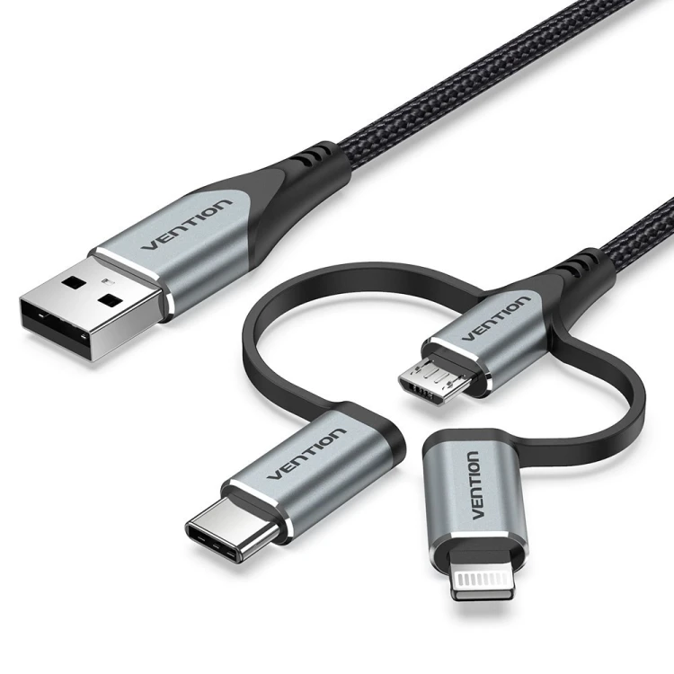 Kabel Vention USB-A  3w1 Micro-B USB-C Lightning 1m szary