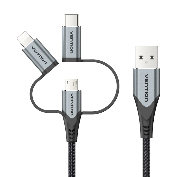 Kabel Vention USB-A  3w1 Micro-B USB-C Lightning 1m szary