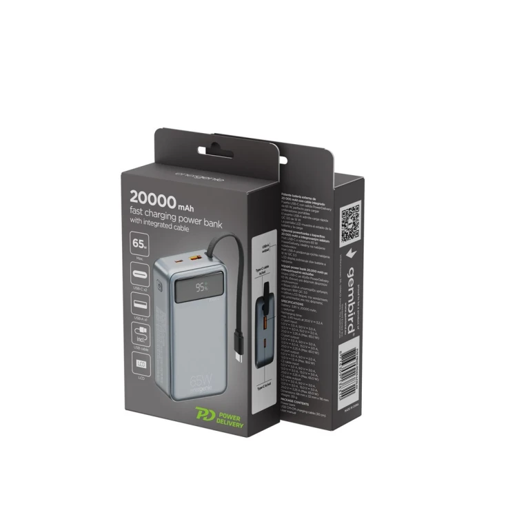 GEMBIRD POWERBANK Z SZYBKIM ŁADOWANIEM 65 W I ZINTEGROWANYMI KABLAMI 20000 MAH, CZARNY